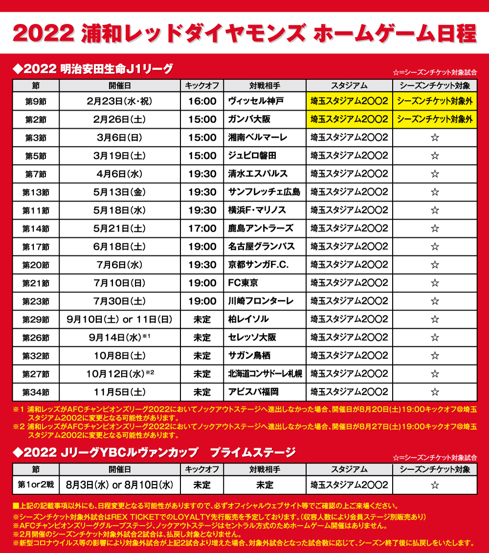 22シーズンチケット対象試合のお知らせ Urawa Red Diamonds Official Website
